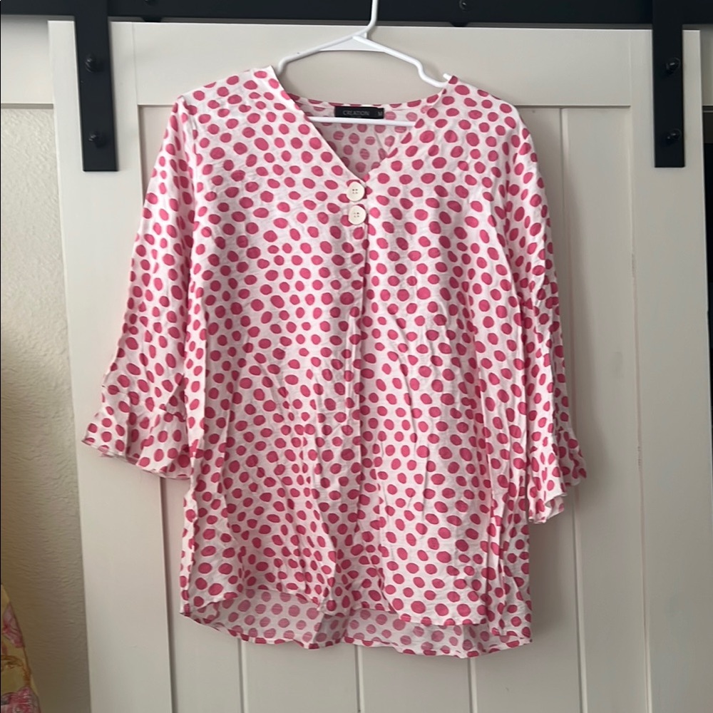Pink and White Polka Dot 3/4 Sleeve Blouse